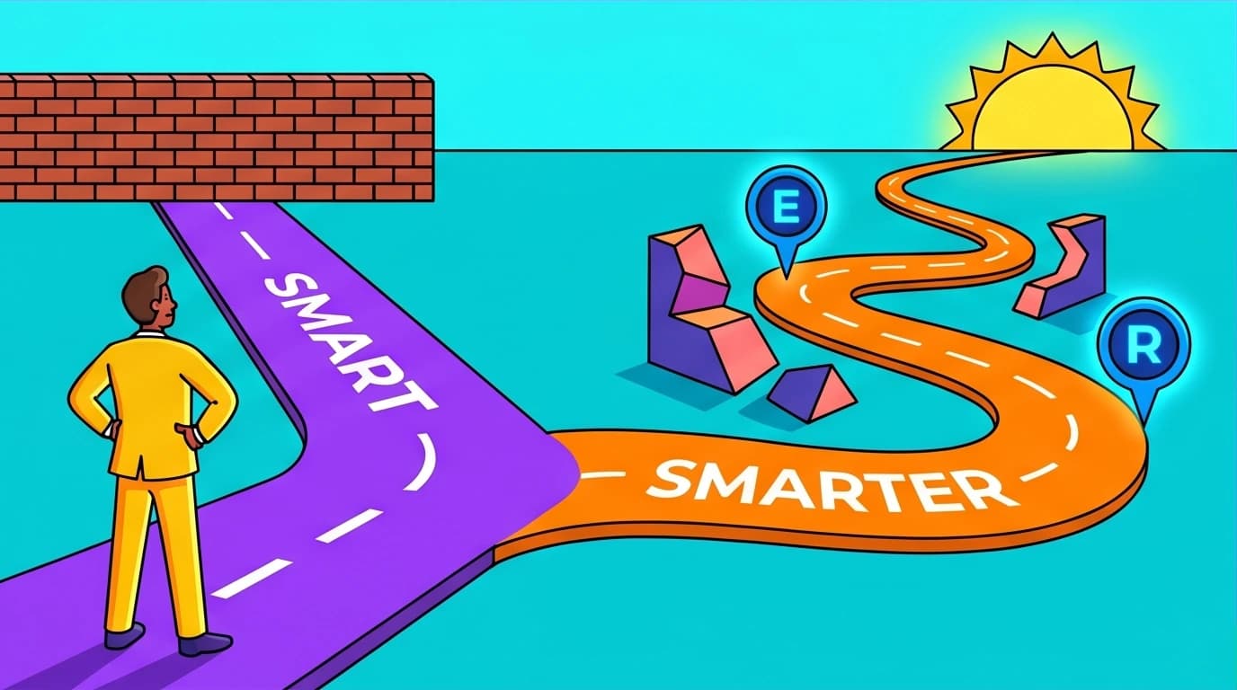 A comparison showing the rigid SMART method leading to a dead end, while the flexible SMARTER goals method provides a successful path to goal achievement.