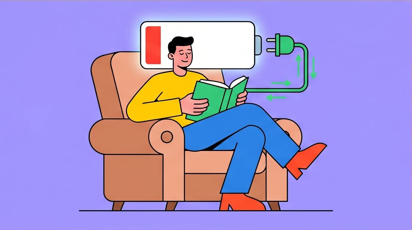 An introvert recharges their 'social battery' by being alone with a book, a key self-care concept for managing social energy and anxiety.