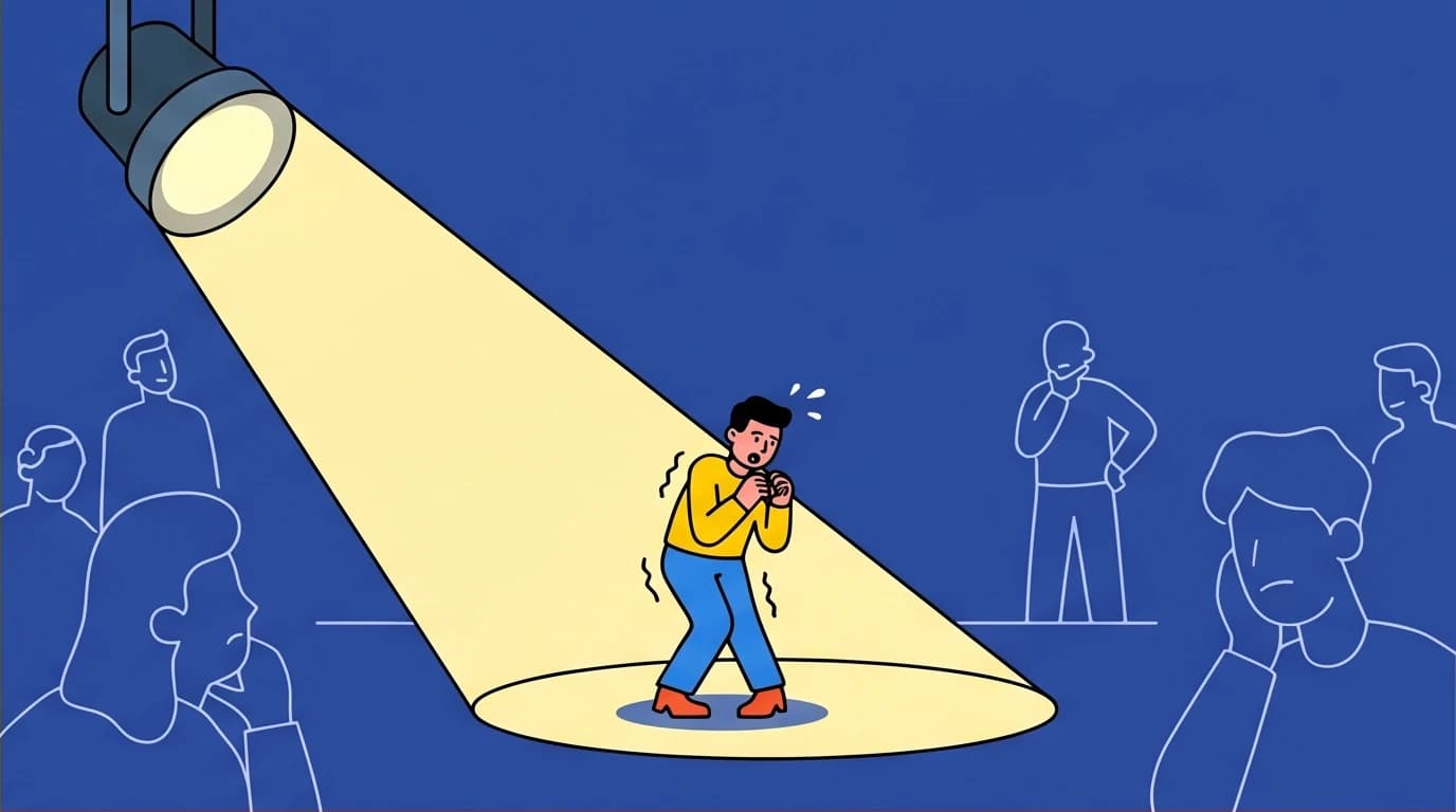An illustration of the 'Spotlight Effect' in social anxiety, where a person feels intensely watched, highlighting the fear of judgment.