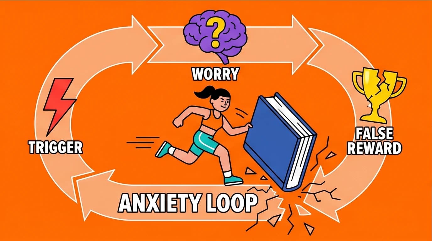 A character breaks the anxiety habit loop with a book, symbolizing a self-help strategy for anxiety relief and stopping overthinking.