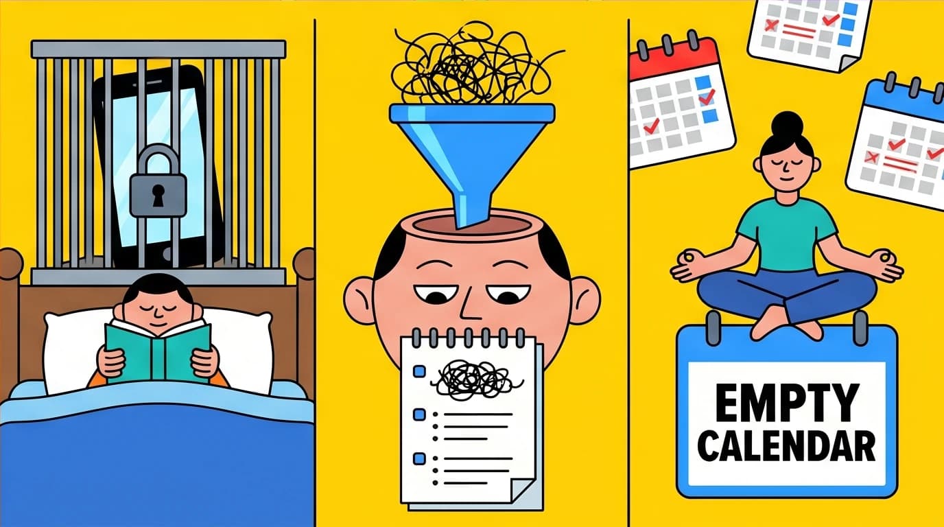 Three daily actions for anxiety relief: screen-free reading, brain-dump journaling, and scheduling empty time to overcome mental exhaustion.
