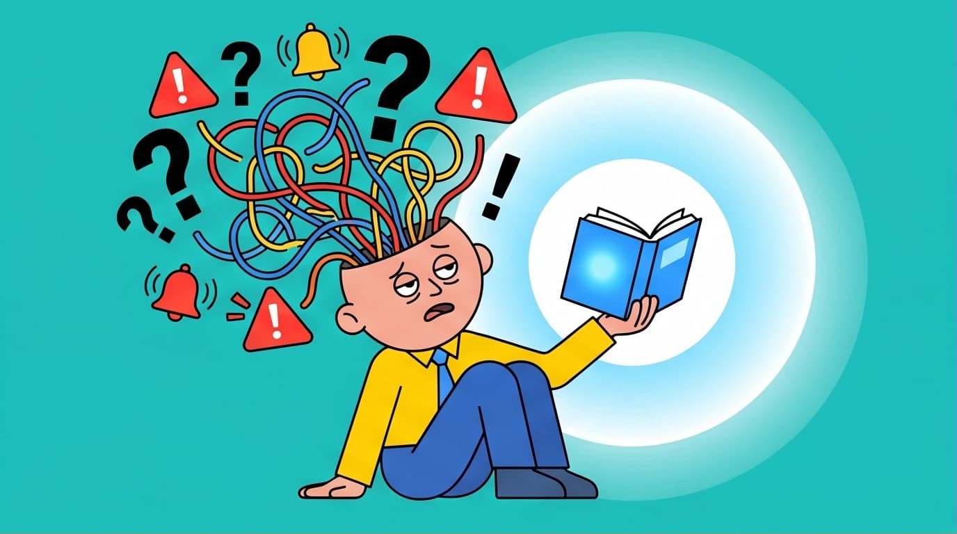 A person uses a book to shield from chaotic thoughts, illustrating how book recommendations help stop overthinking and mental friction.