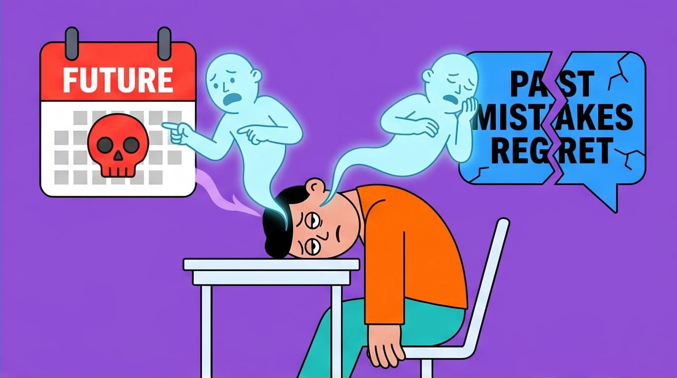 An illustration of the brain's multitasking crisis, showing a person drained by worrying about the past and future, a core concept of mental friction.