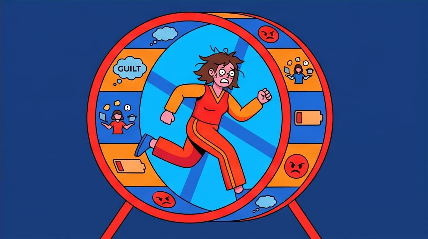 A mother runs on a hamster wheel representing the vicious cycle of mom guilt and burnout, a key part of mom burnout recovery.