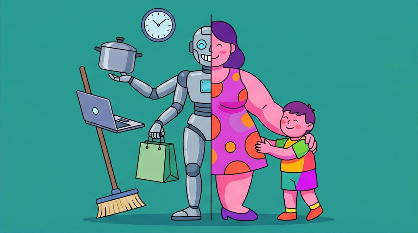 Illustration contrasting a robotic, perfectionist mother with a real human one, highlighting the dangers of perfectionism in parenting.