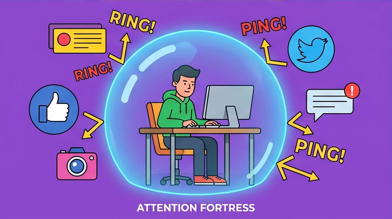 An office worker protected from digital notifications by an energy shield, showing how to focus at work by blocking workplace distractions.