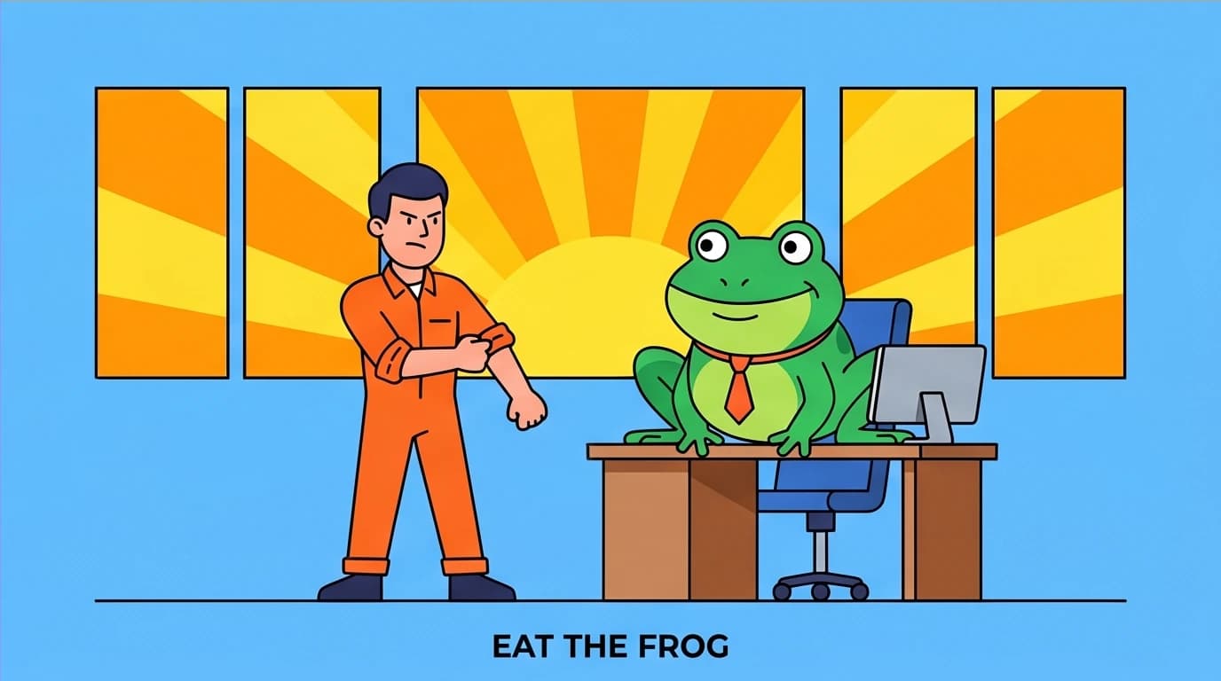 Illustration of the 'Eat the Frog' productivity technique, a key strategy for overcoming procrastination by tackling the hardest task first.