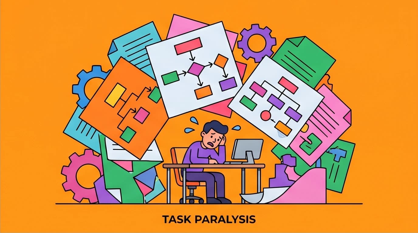 A character overwhelmed by a giant pile of documents, a visual metaphor for the task ambiguity that leads to procrastination at work.