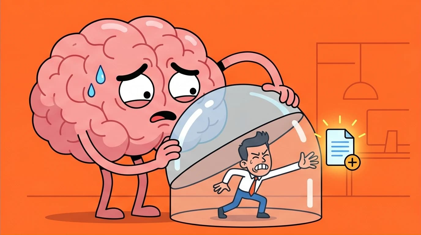A visual metaphor for anxiety-driven procrastination, where a large brain protects a person from a task, showing the link between perfectionism and fear of failure.