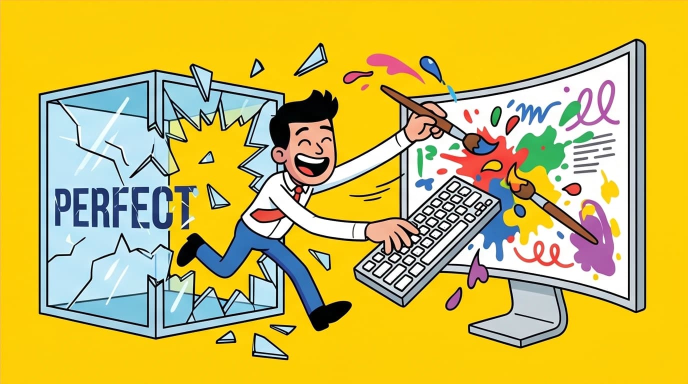 A character breaking free from the 'perfect' box to create a messy first draft, illustrating a key strategy to overcome perfectionism and procrastination by taking action.