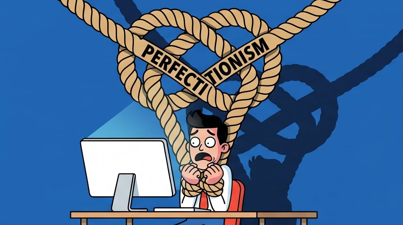 An illustration showing how perfectionism leads to procrastination, with a person tied to their desk by a giant knot, representing the deadlock and self-sabotage.