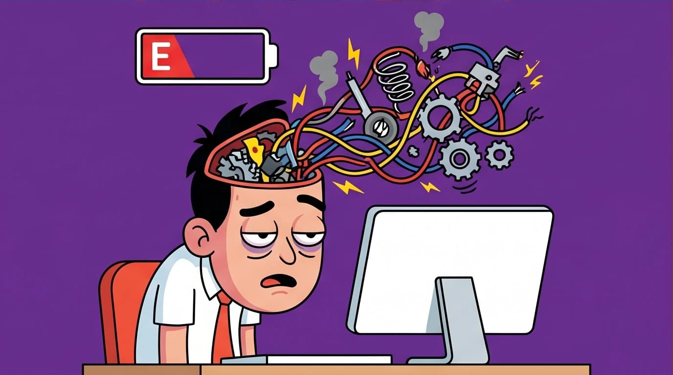 An illustration of self-sabotage and internal friction caused by perfectionism, showing a person's energy being drained by chaotic thoughts instead of productive work.