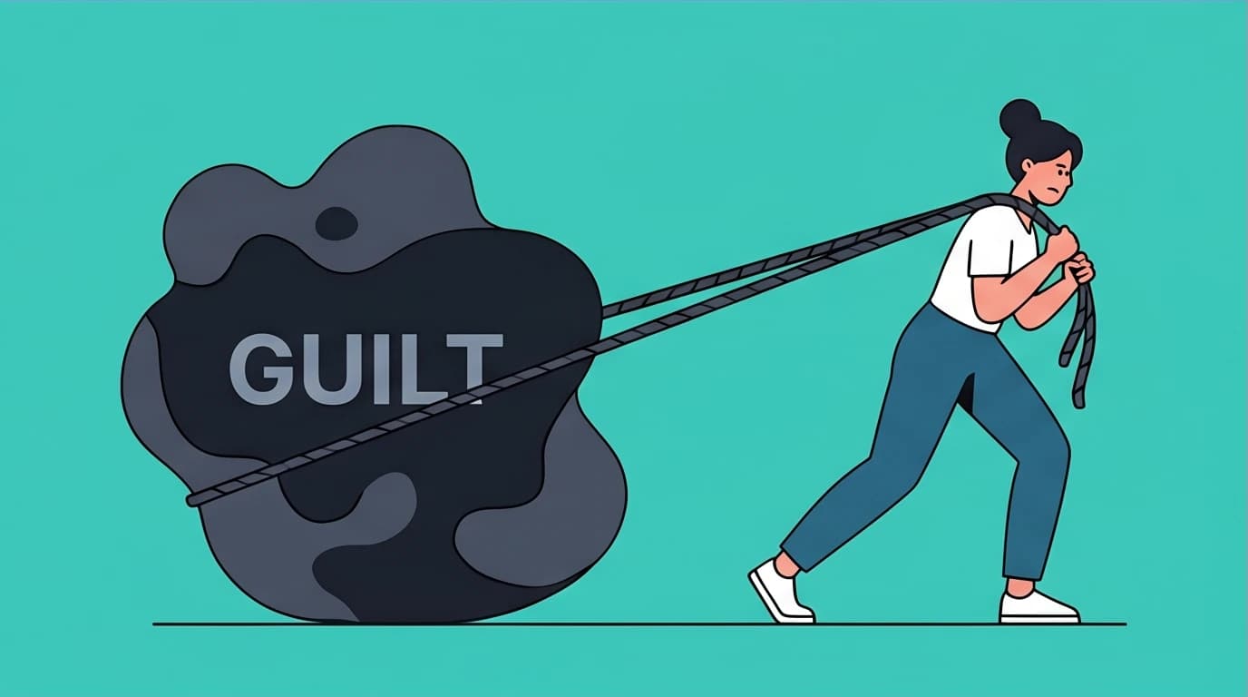 A powerful visual of a mom weighed down by a heavy burden labeled 'GUILT,' emphasizing the need to drop mom guilt for self-improvement.