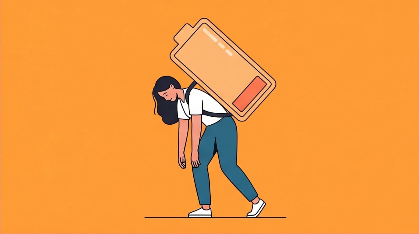 An illustration of a mother with a depleted energy battery, highlighting the critical first step of overcoming mom burnout.