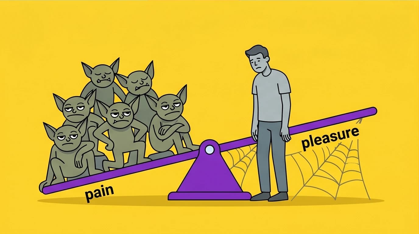 Illustration of a person in a dopamine deficit state, where their brain's baseline is permanently weighted toward pain, causing joylessness.
