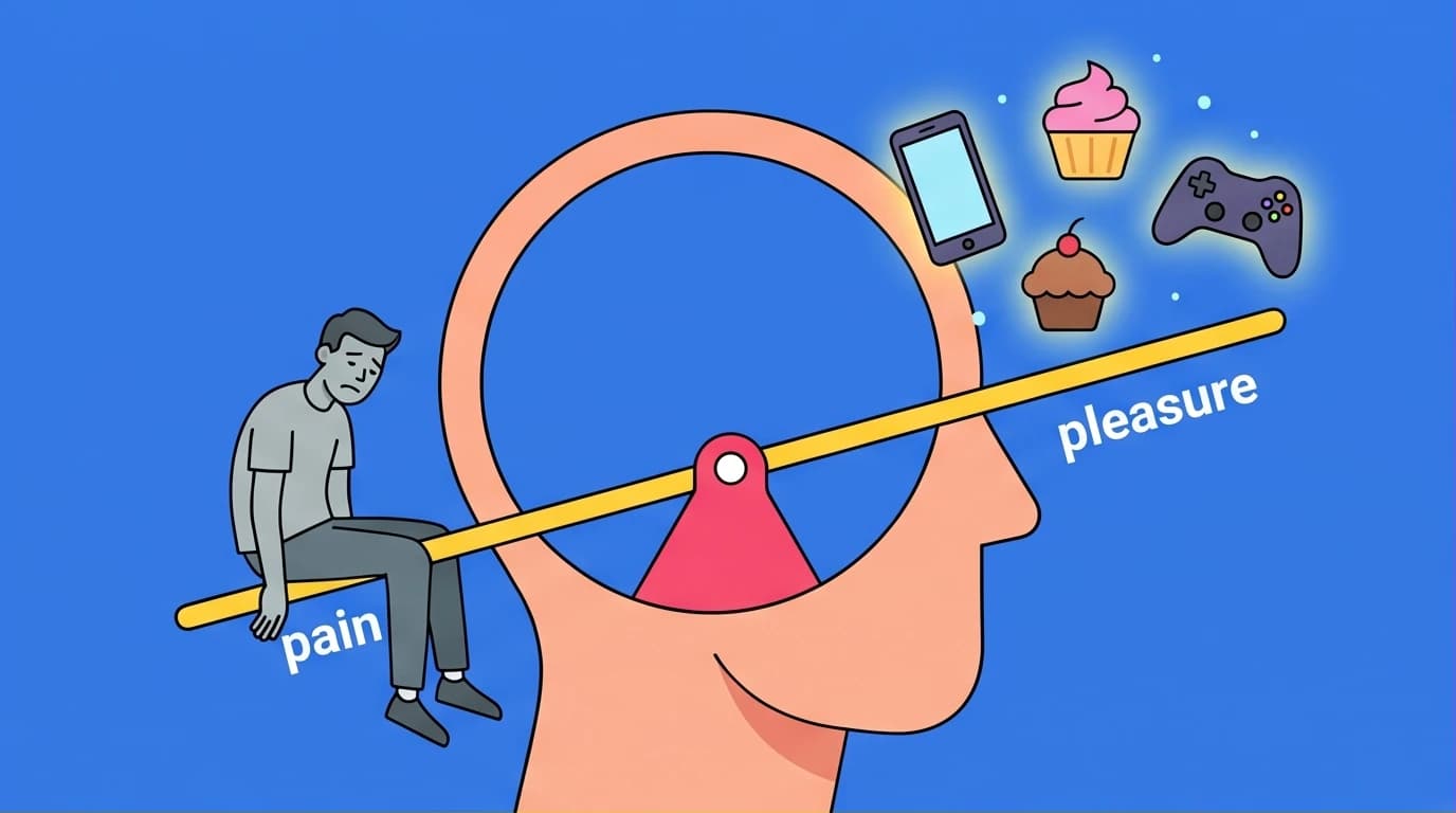 An illustration of the pleasure pain balance dopamine dynamic, showing a brain's seesaw tipped into a dopamine deficit state by cheap rewards.