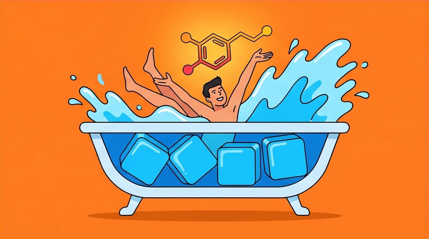 A person taking an ice bath to reset their brain's baseline, a method to voluntarily cause pain for a healthy, sustained dopamine release.
