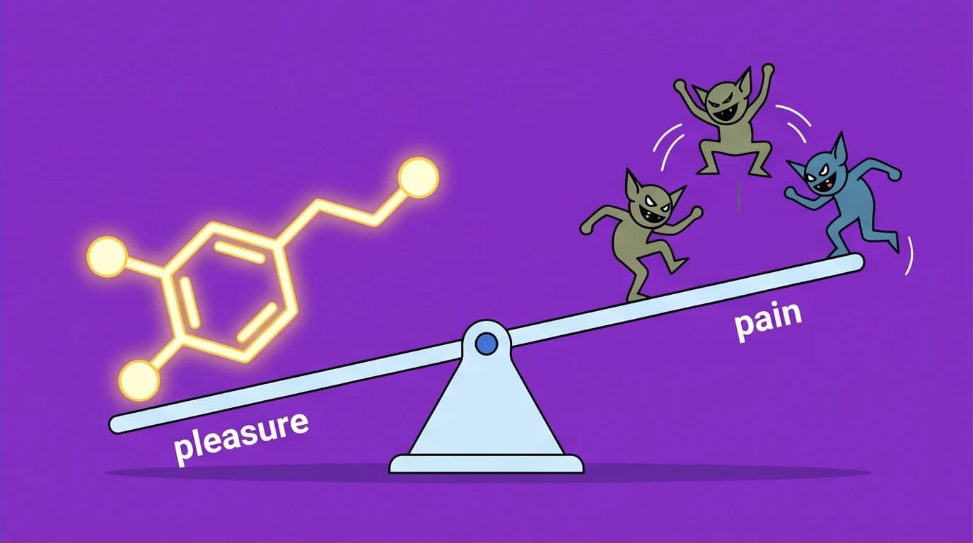 A visual metaphor of the pleasure pain seesaw, where the brain uses 'pain gremlins' to counteract a dopamine spike and maintain homeostasis.