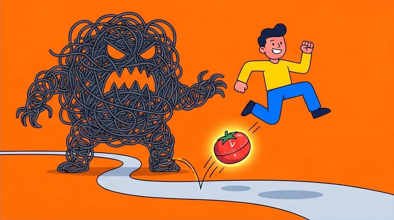 A character overcoming procrastination using the Pomodoro Technique, a key benefit for improving focus and managing large tasks.
