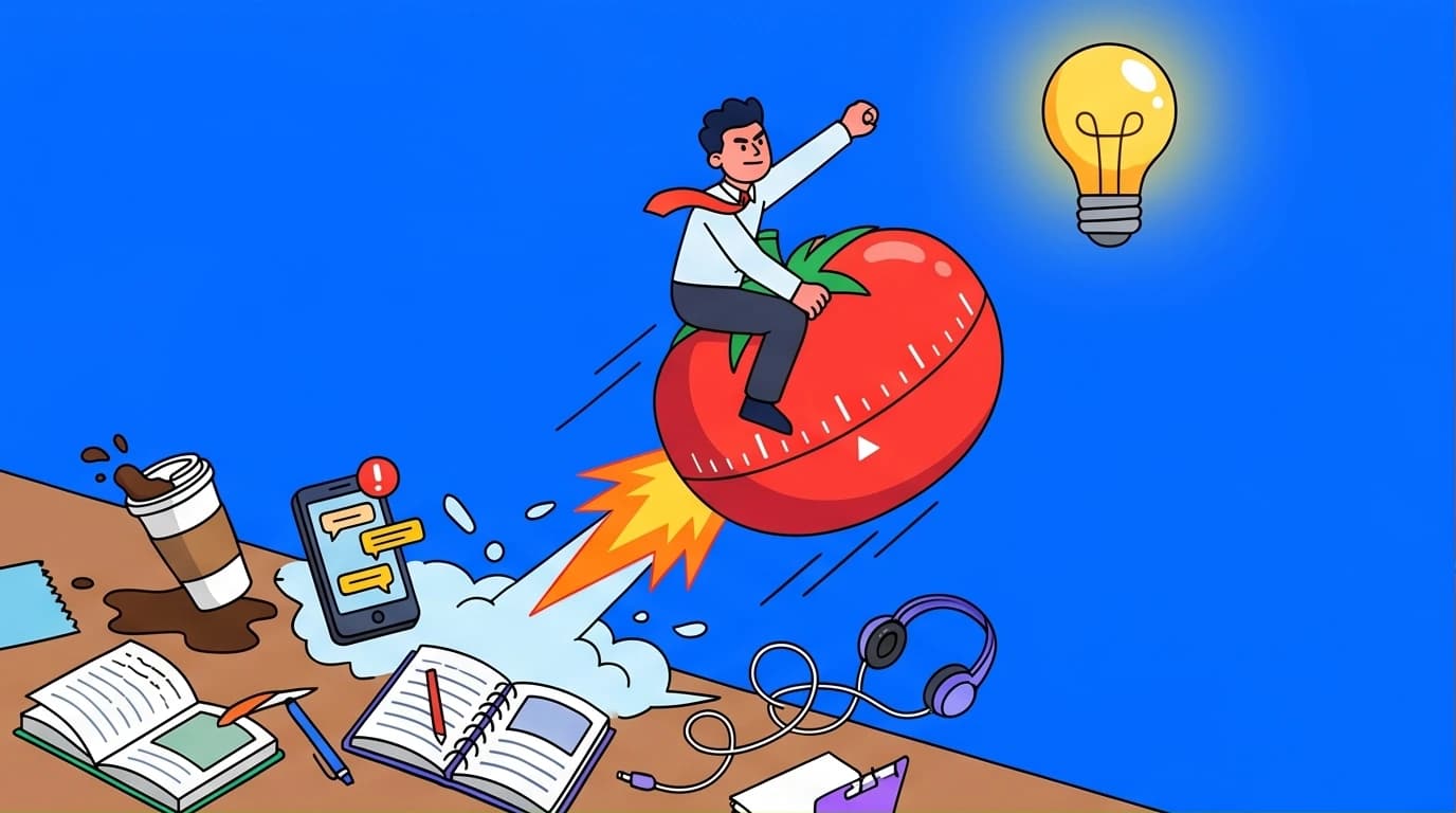 An illustration of a person mastering the Pomodoro Technique, using a tomato timer to boost productivity and time management skills.