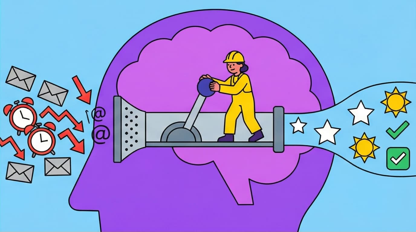 An illustration showing how daily morning affirmations work to filter the brain's focus towards positive opportunities instead of anxiety.