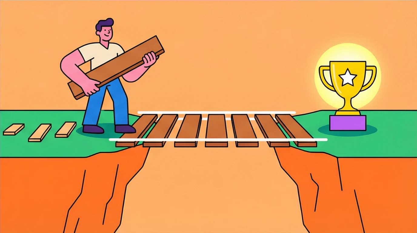 A character builds a bridge to their goal, symbolizing how bridge statements make positive self-care affirmations feel achievable.