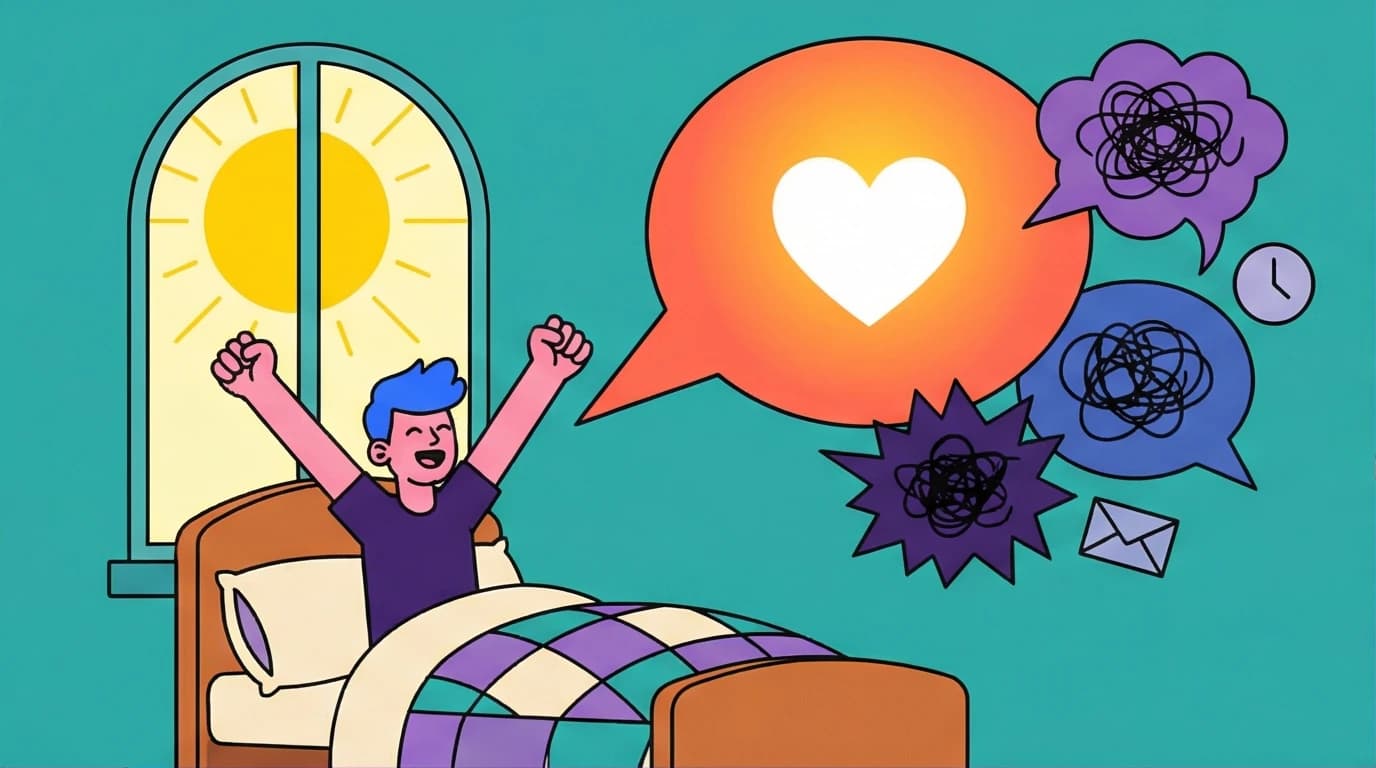 A person starting their day with positive morning affirmations, creating a mindset of peace and confidence to block out daily stressors.