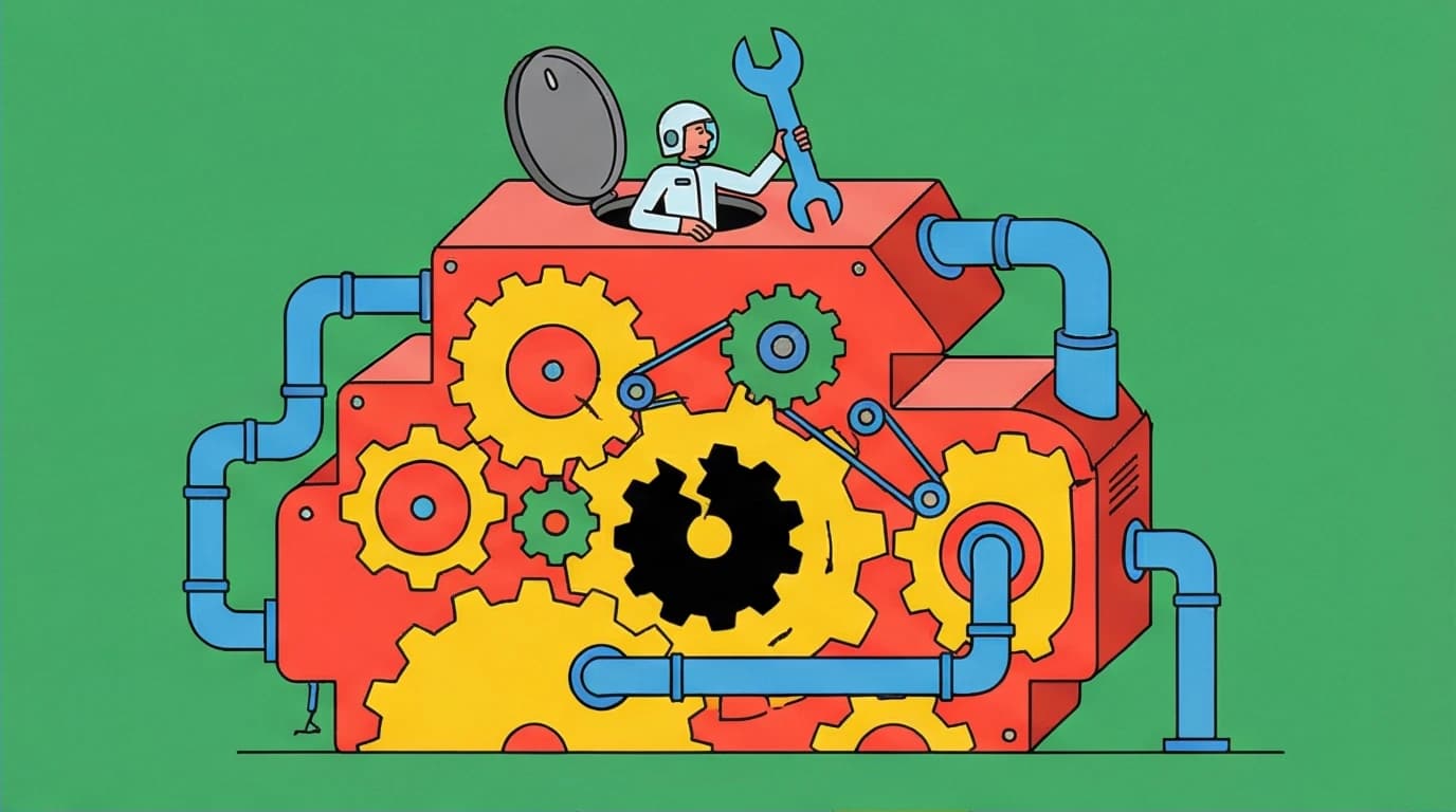 A person a giant machine, symbolizing the 'Life as a Machine' framework from Ray Dalio's Principles for systematic problem-solving.