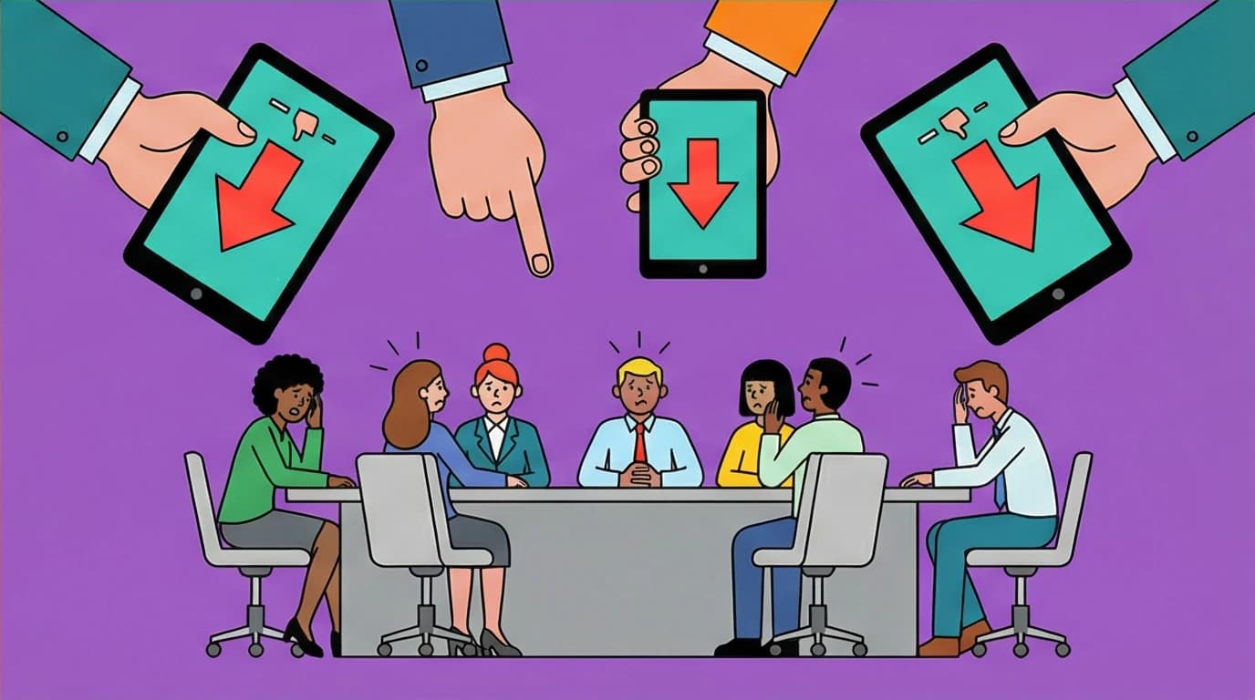 A critique of Ray Dalio's Principles: anxious workers are constantly rated on tablets, symbolizing the pressure of radical transparency.