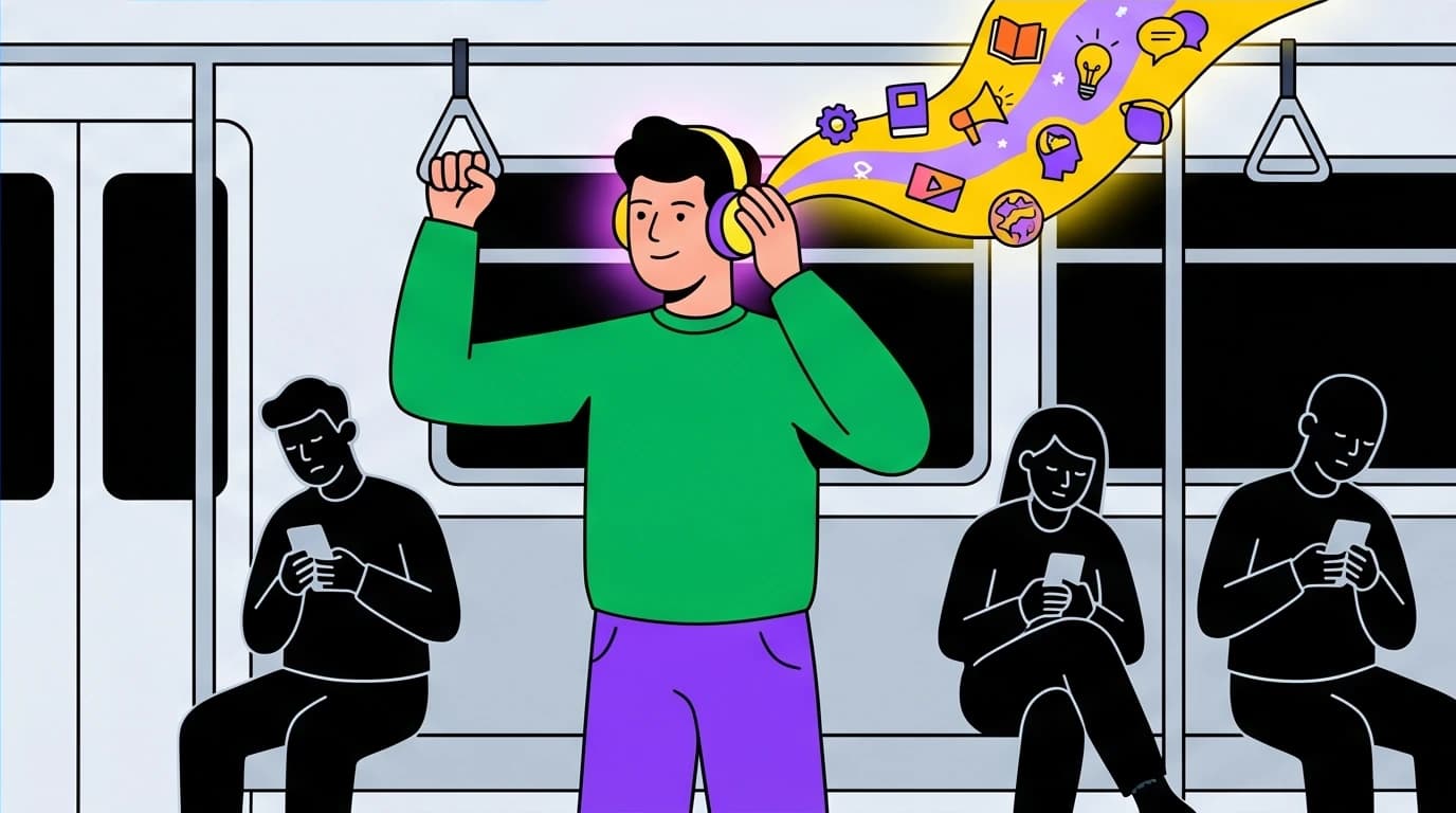 A person on a subway productively listening to an audiobook, turning fragmented time into learning, a key tip from the efficiency improvement book list.
