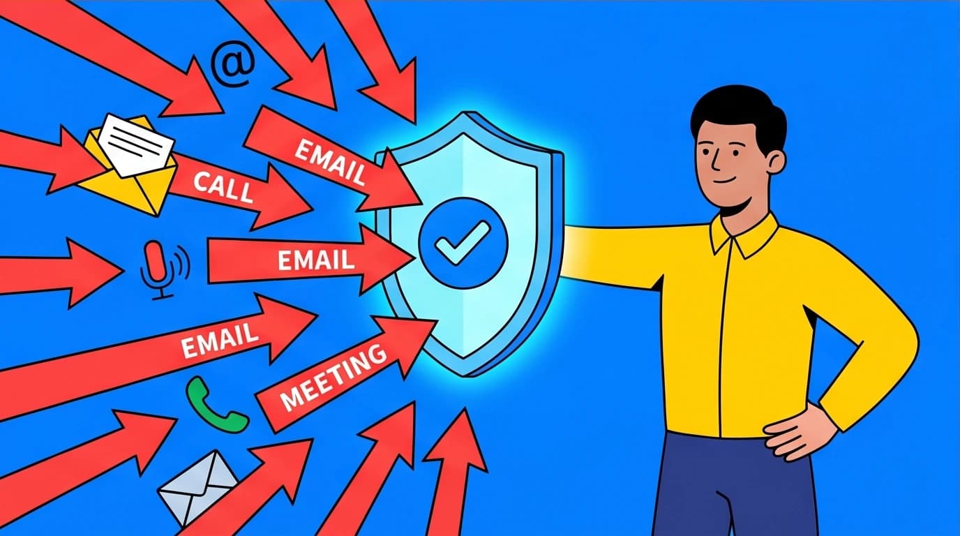 A character using a shield to block non-essential tasks, a visual metaphor for the Essentialism productivity book's advice on improving efficiency by saying no.