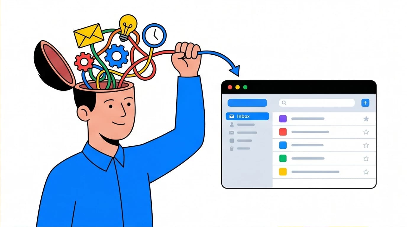 An illustration of a person emptying tangled thoughts from their brain into a system, representing the core concept of the GTD time management method from the productivity book list.