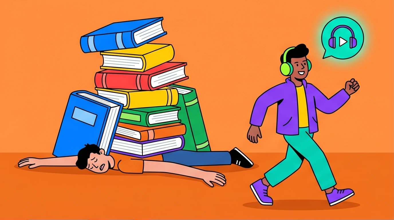 An illustration of a person buried in books contrasted with a person listening to an audiobook, symbolizing a smart approach to productivity and time management book lists.
