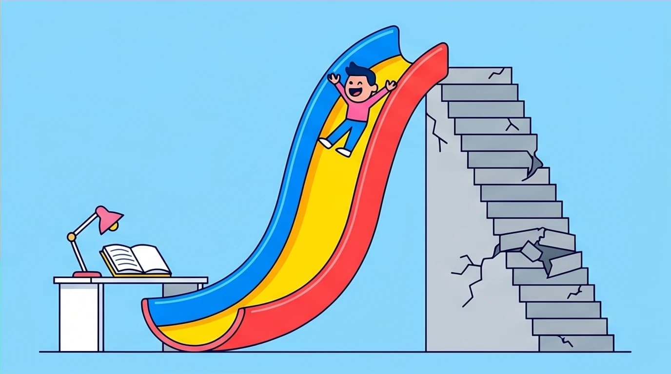 A person easily sliding towards a goal, representing the self-discipline strategy of lowering activation energy for habit formation.