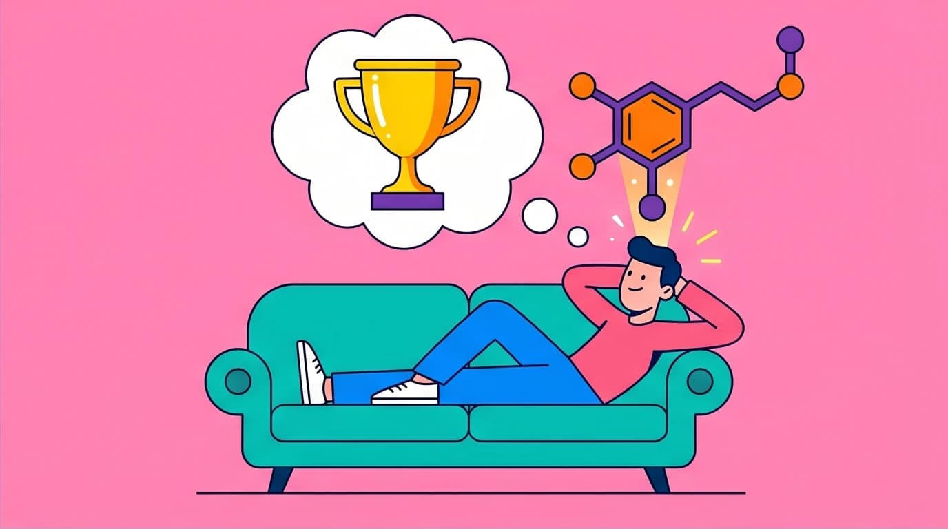 Illustration of the dopamine trap in goal achievement, where a person receives a reward for visualizing success without taking action.