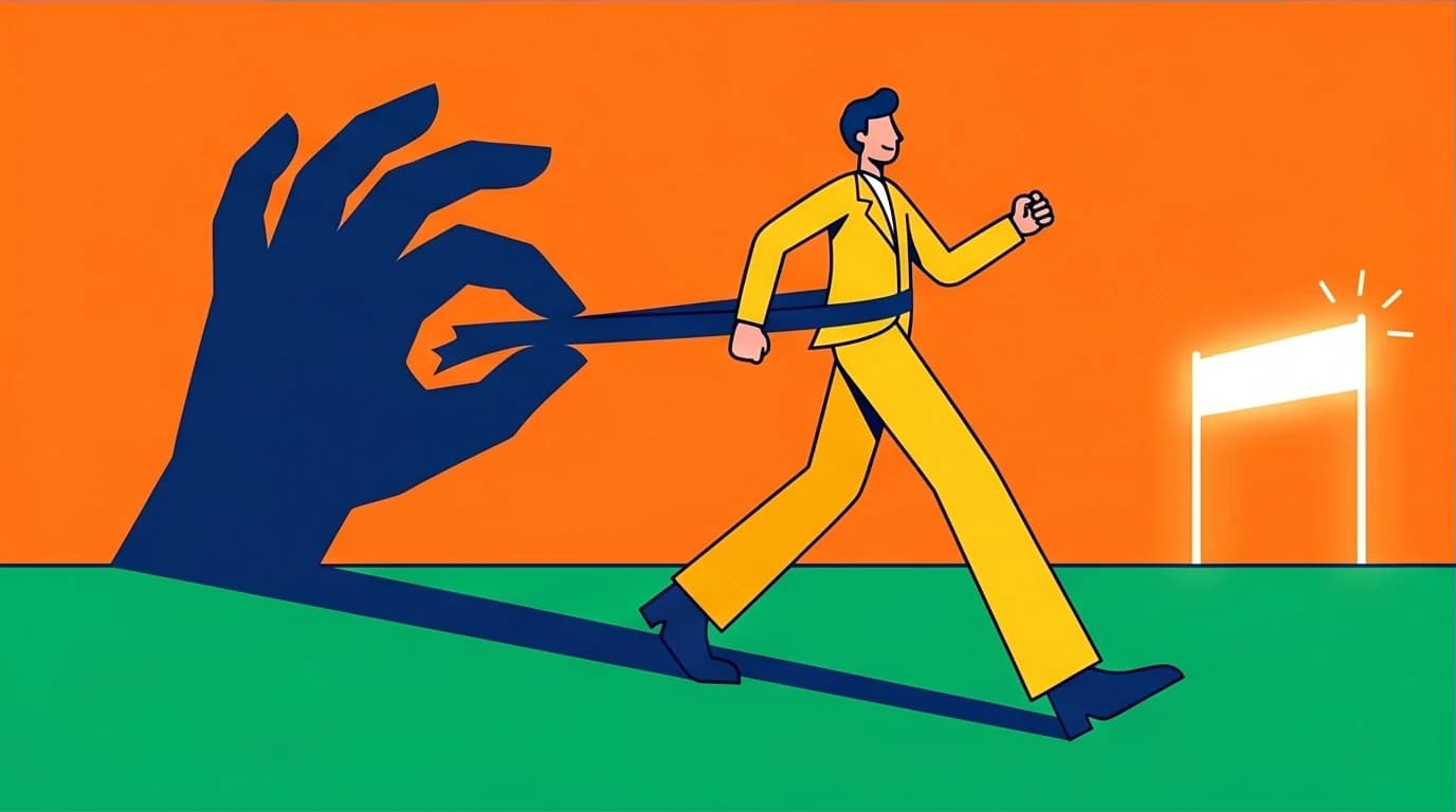 A visual metaphor for identity dissonance, showing a person's shadow holding them back from achieving their goals and success.