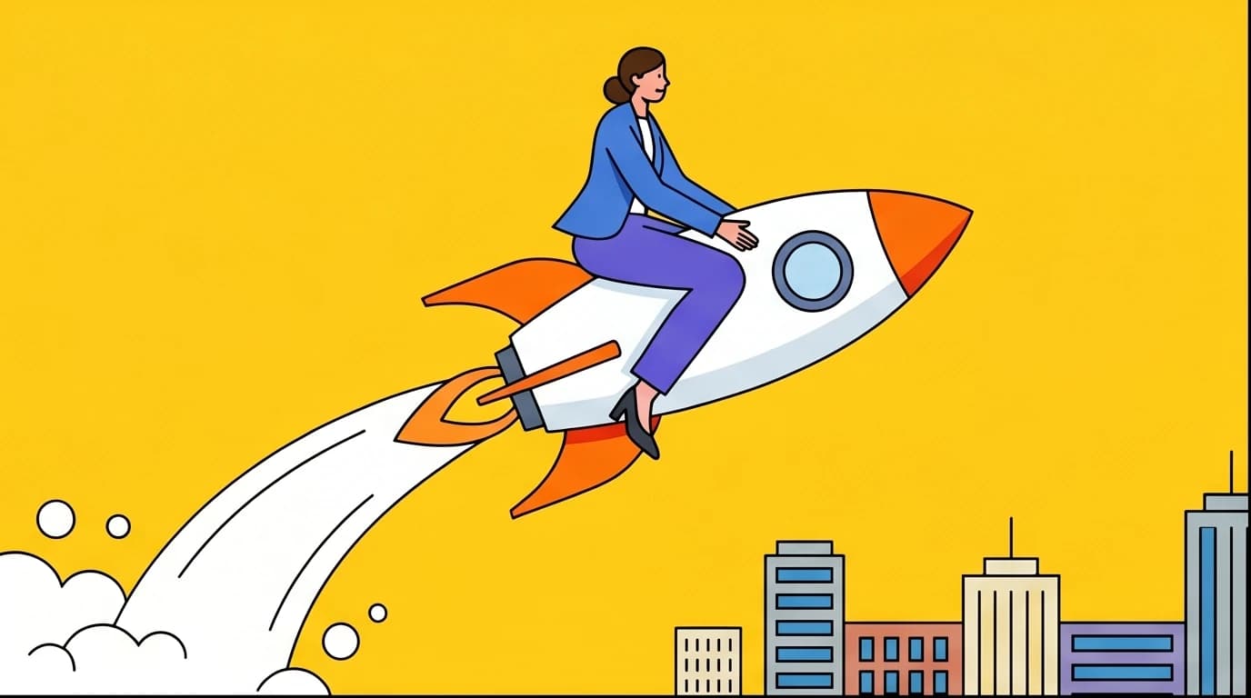 A busy professional launches their day with a quick morning routine, illustrated by a figure on a rocket symbolizing momentum and productivity.
