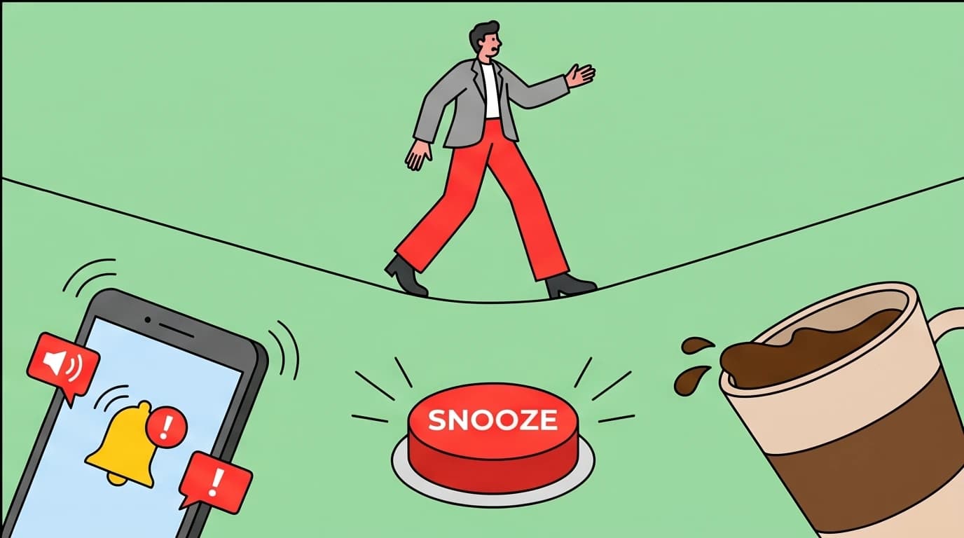 Illustration of a busy professional avoiding toxic morning traps like smartphones to protect their productivity habits and routine.
