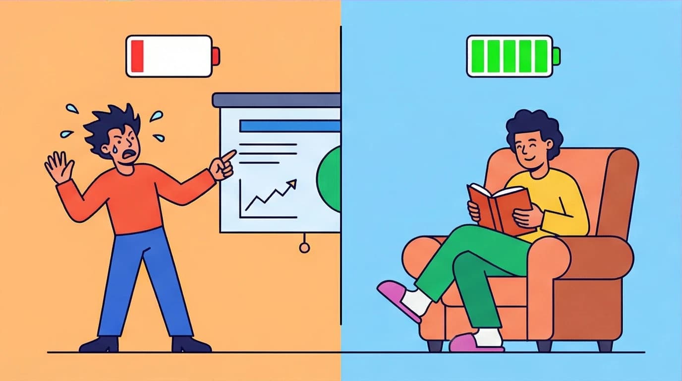 A split-screen showing an introvert's social battery draining in public and recharging in solitude, a key concept from Susan Cain.