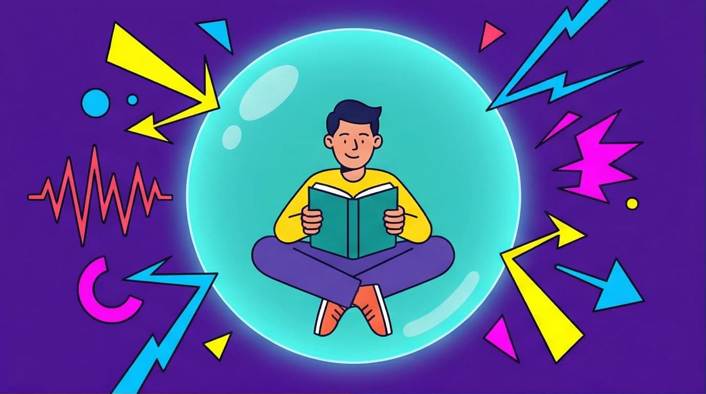 Illustration of an introvert finding focus inside a calm bubble, representing the power of Quiet Susan Cain quotes in a noisy world.