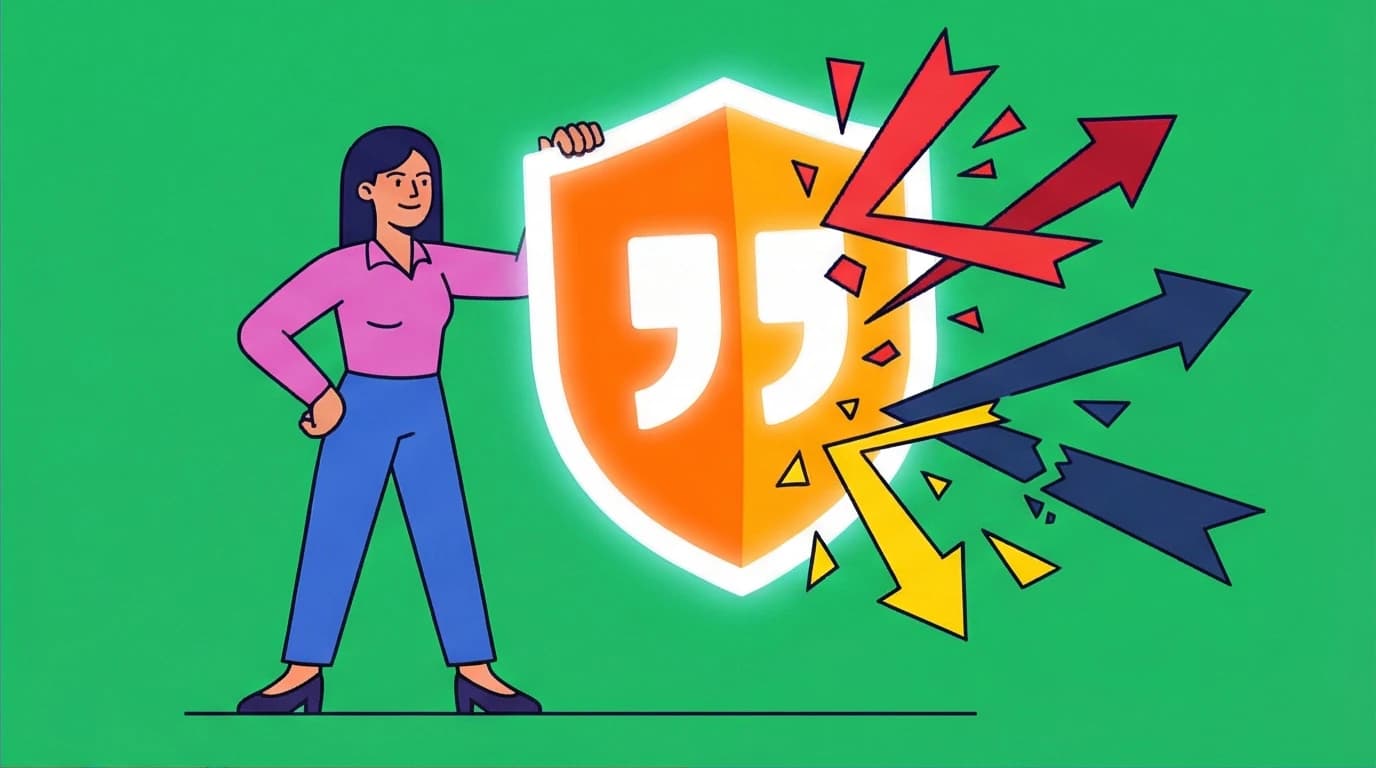 A person using a giant quotation mark as a shield, symbolizing how Quiet Susan Cain quotes provide empowerment and armor for introverts.