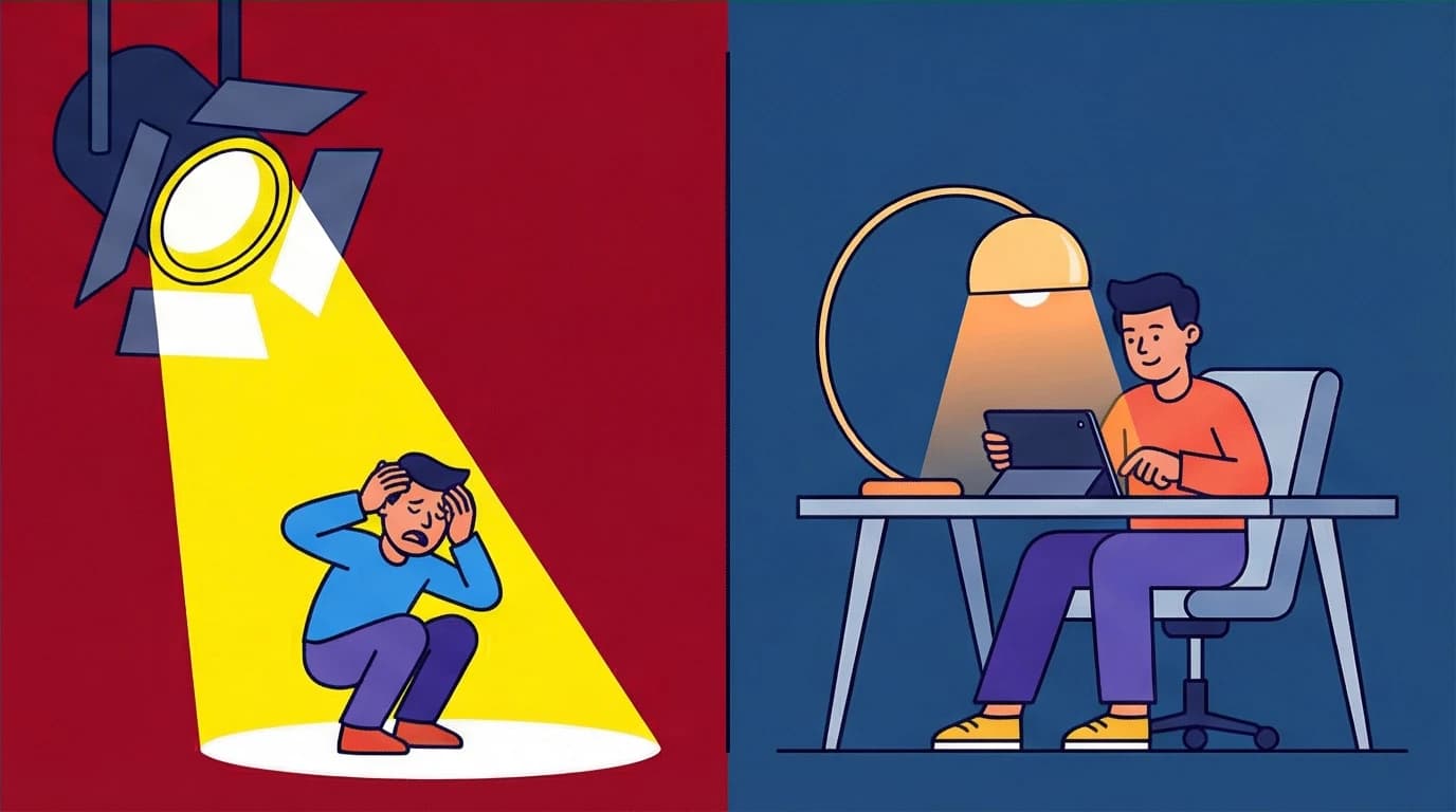 An illustration comparing a harsh spotlight to a gentle desk lamp, a metaphor from Quiet Susan Cain about finding the right environment.