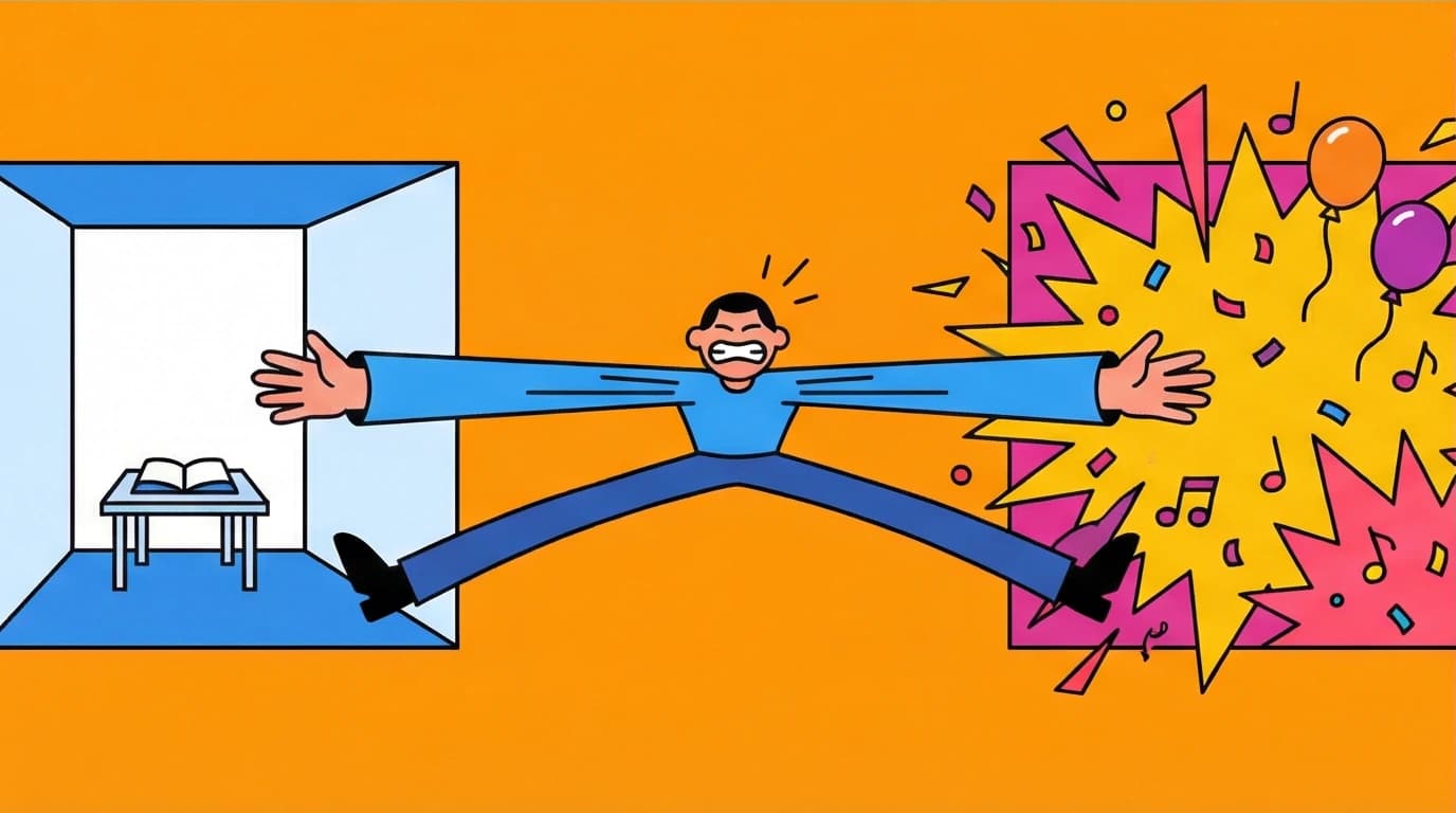 A visual metaphor for the biology of introversion: a person stretched like a rubber band between quiet and overstimulating environments.