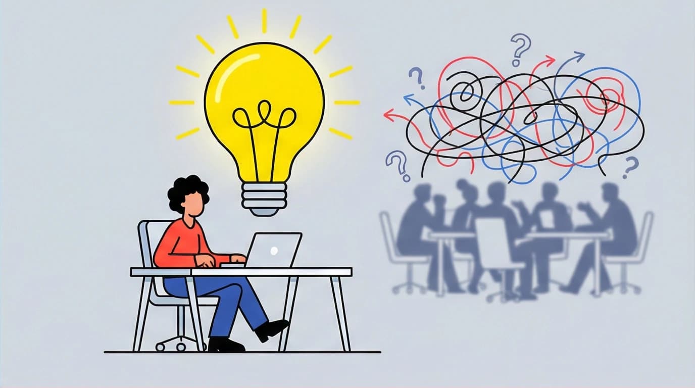 An illustration showing a focused introvert generating a brilliant idea alone, contrasted with a chaotic group brainstorming session.
