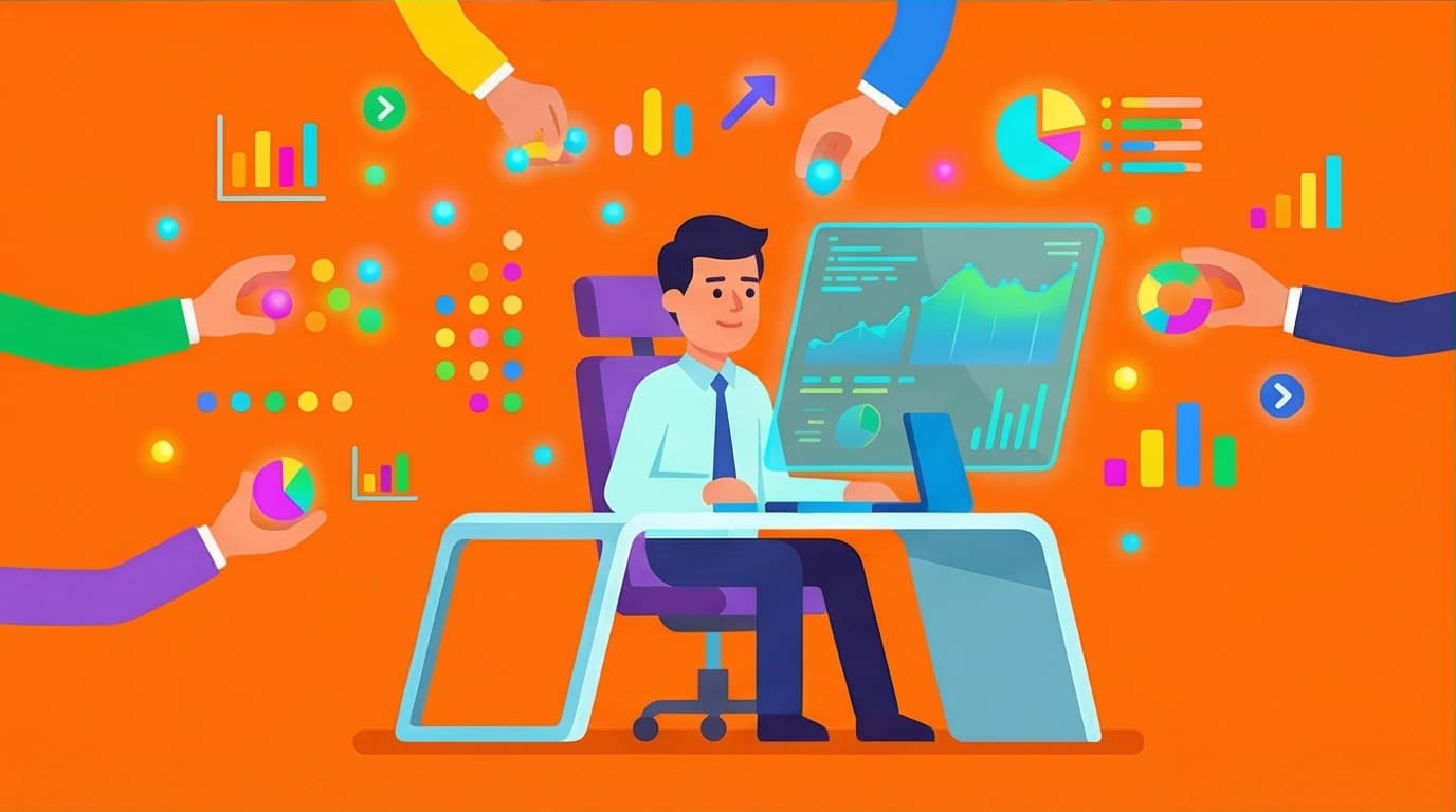 A focused employee is rated with digital dots by floating hands, visualizing the constant feedback culture at Bridgewater Associates, a core part of radical transparency.