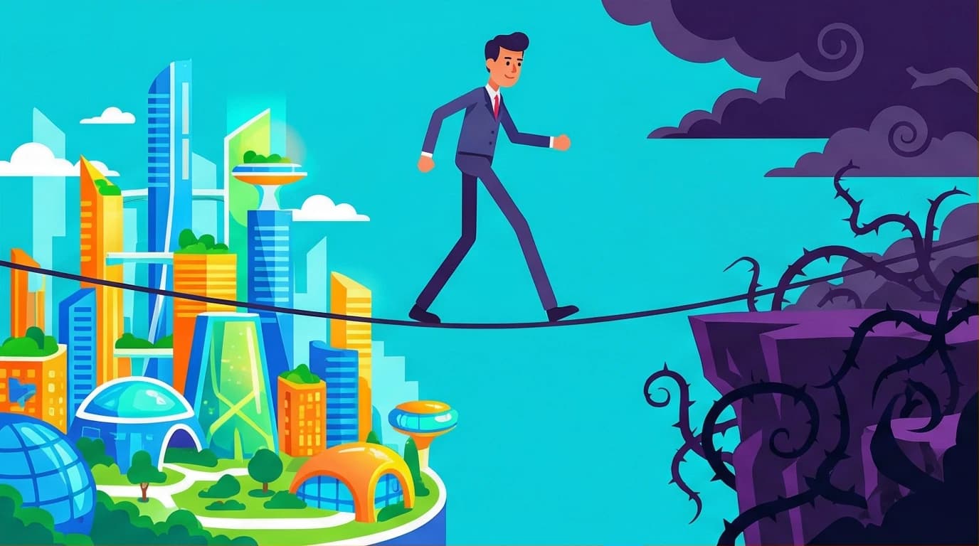 An illustration showing a person walking a tightrope between a successful idea meritocracy and a toxic workplace, representing the risks of Ray Dalio's radical transparency.