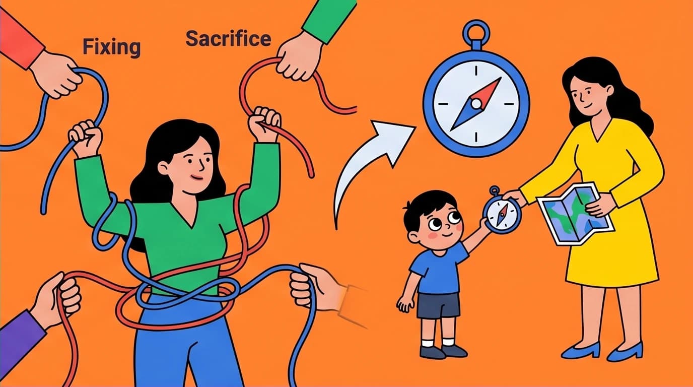 Illustration of a mother shifting from a 'fixer' to a 'leader' for her child, demonstrating how to model grit and success.