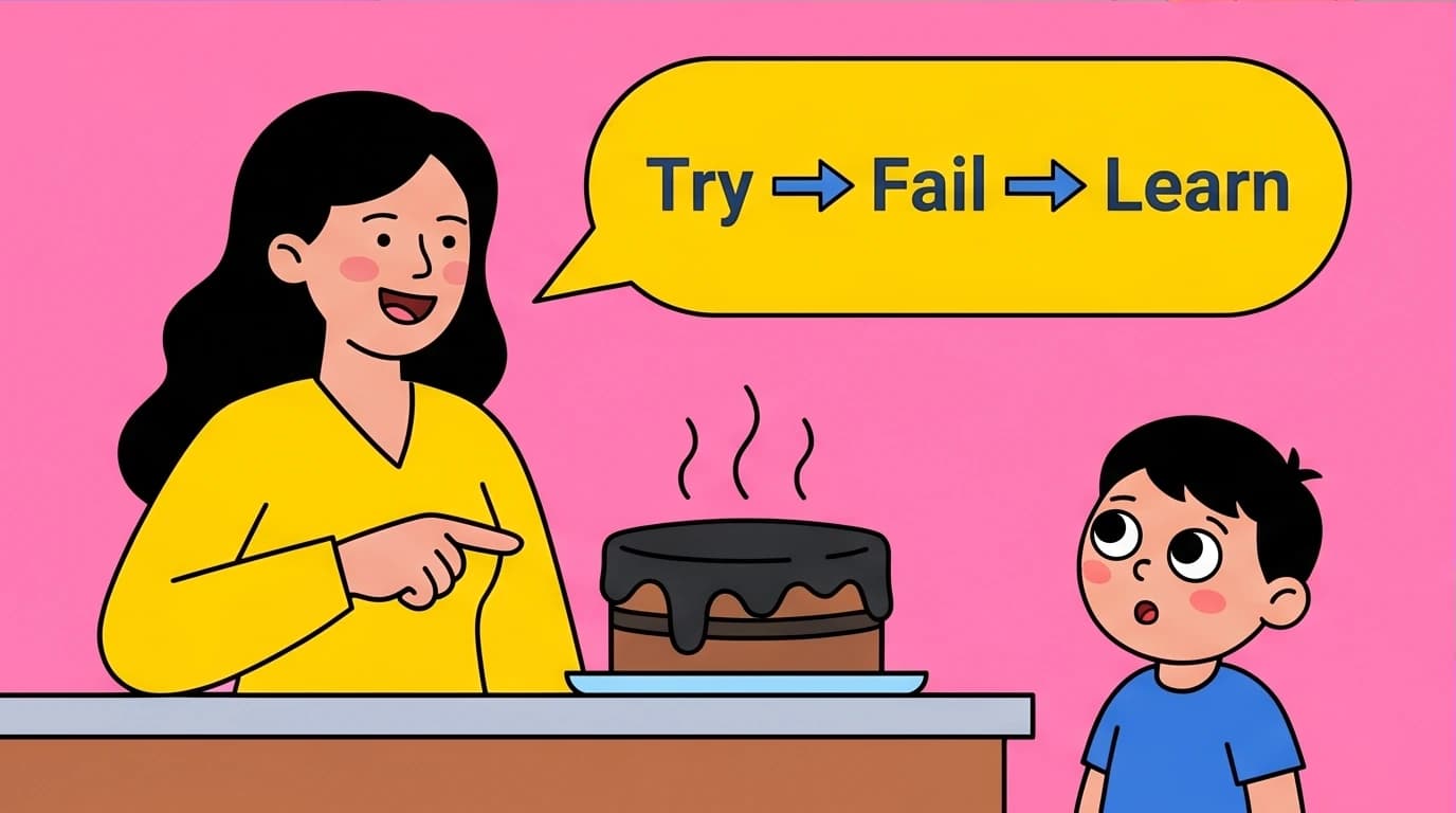 A mother narrates her failure with a burnt cake, showing her child that mistakes are a key part of learning and building a growth mindset.