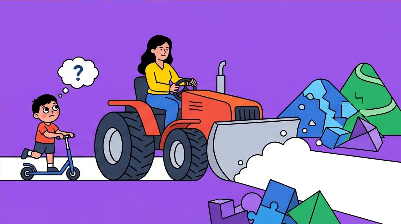 The 'snowplow effect' visualized, a mother clearing all obstacles, which is a common pitfall to avoid when raising resilient kids.