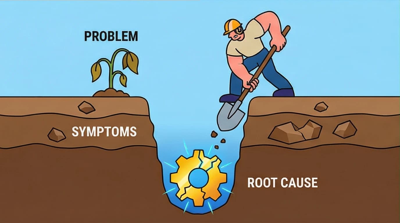 An illustration of diagnosing root causes in the Ray Dalio 5 step process by digging past surface-level symptoms to find the real problem.